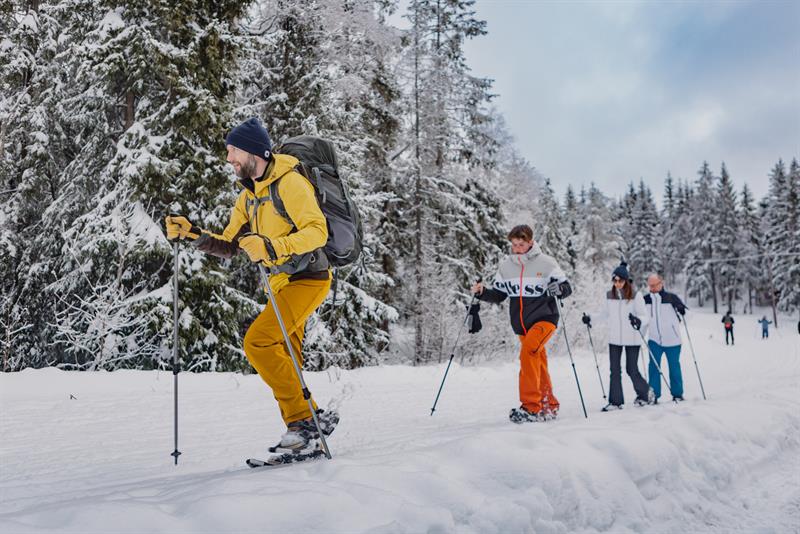 A group snowshoeing through the snow