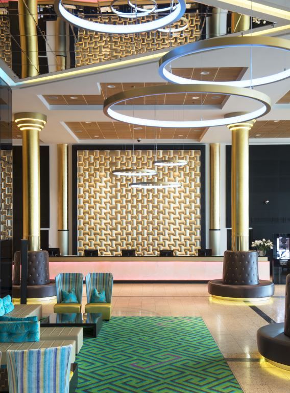 Lobby with golden columns.