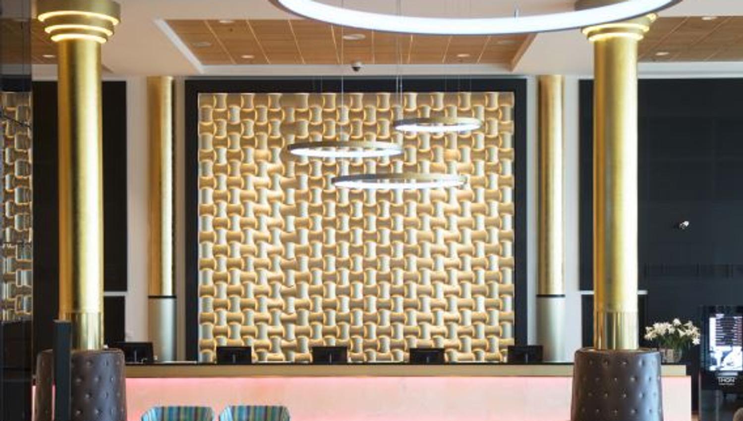 Lobby with golden columns.