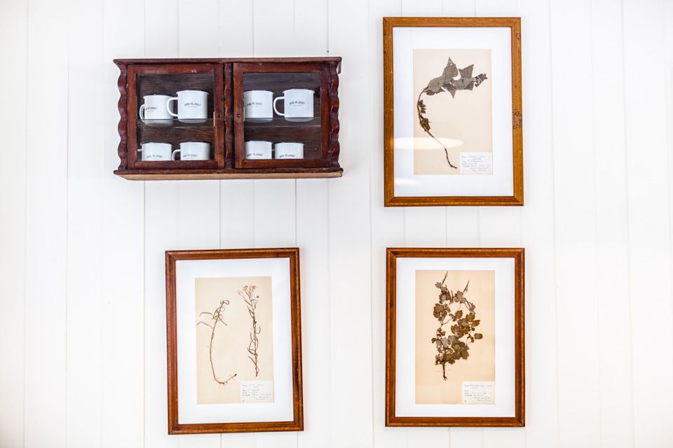 detalj av en vegg med tre bilder og en hylle med kopper