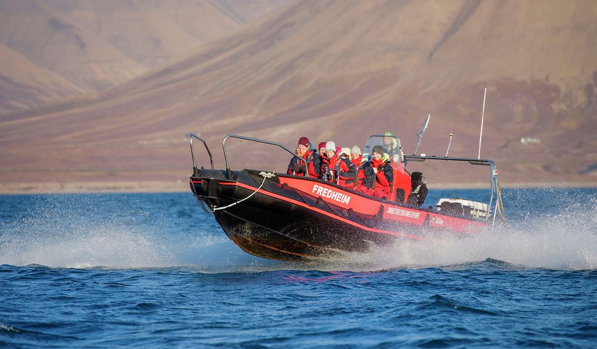A group of guests and a guide on board a RIB boat sailing on a fjord with mountains in the background