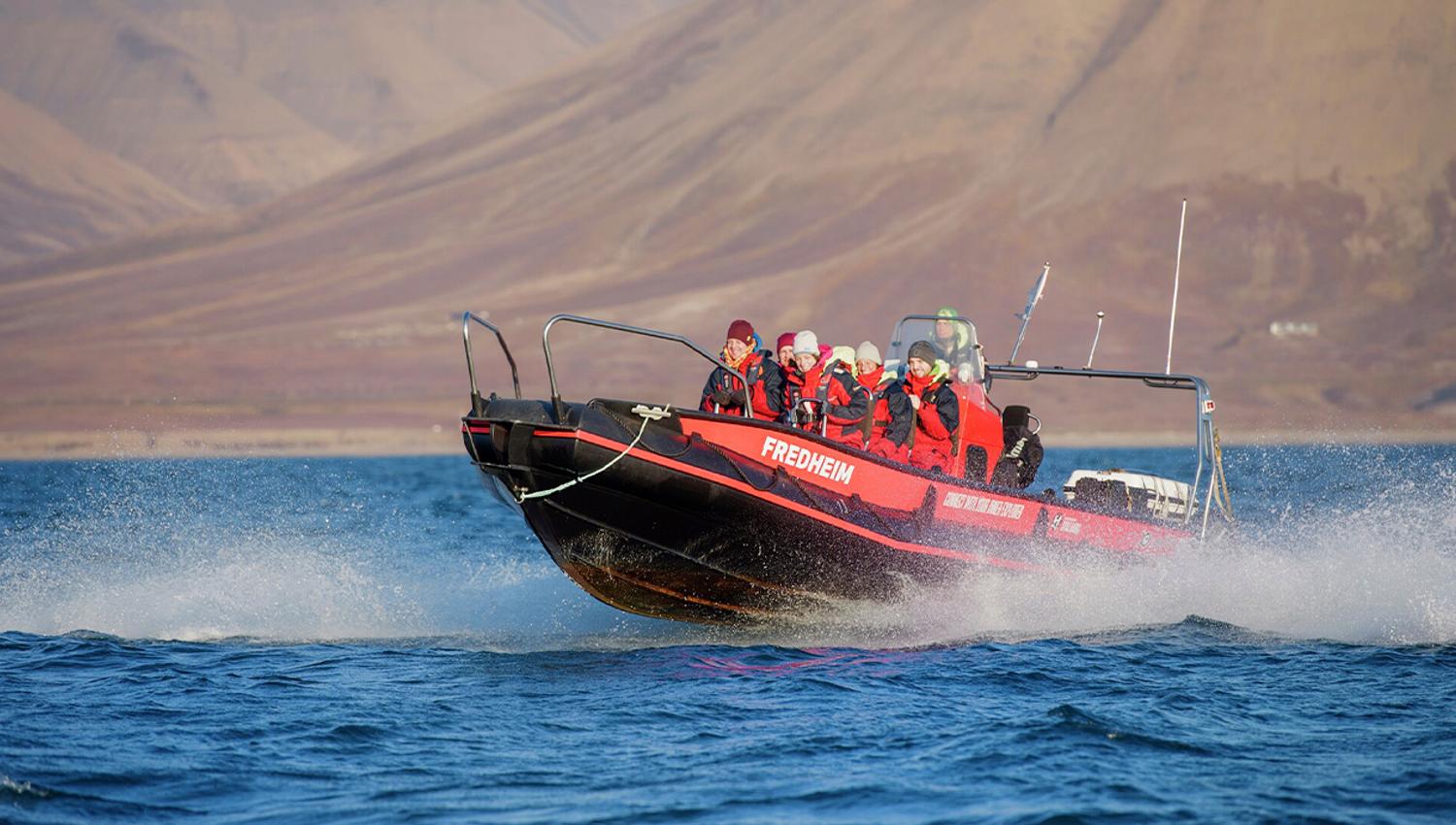 A group of guests and a guide on board a RIB boat sailing on a fjord with mountains in the background