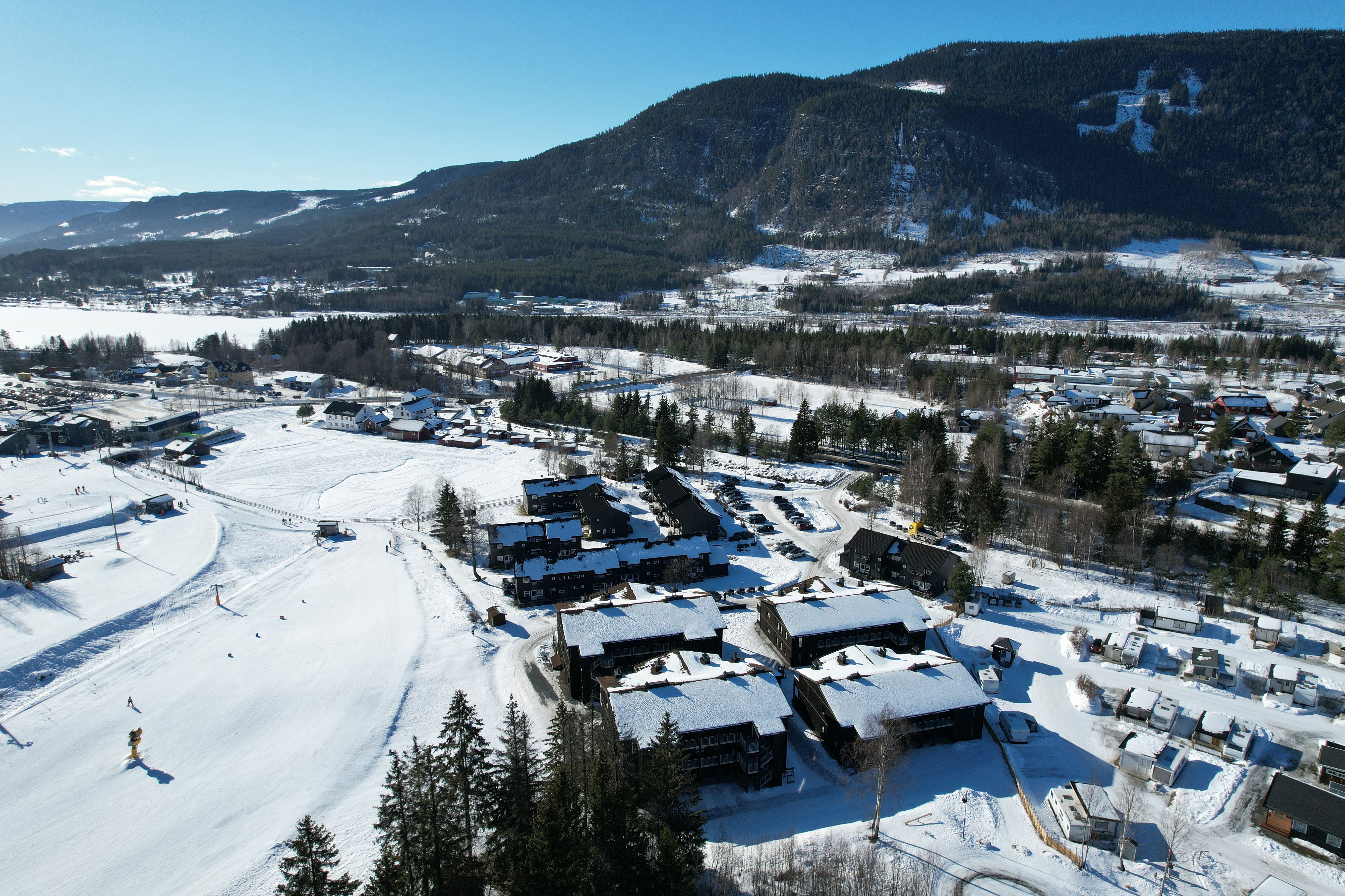 A snow-covered landscape with buildings and trees.