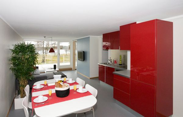 Red kitchen and dining area