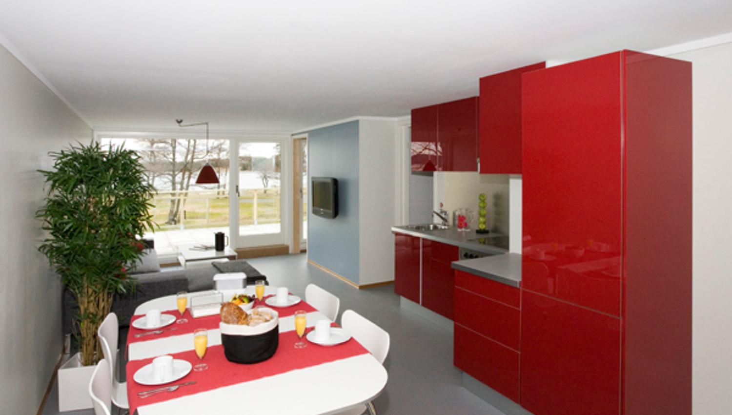 Red kitchen and dining area