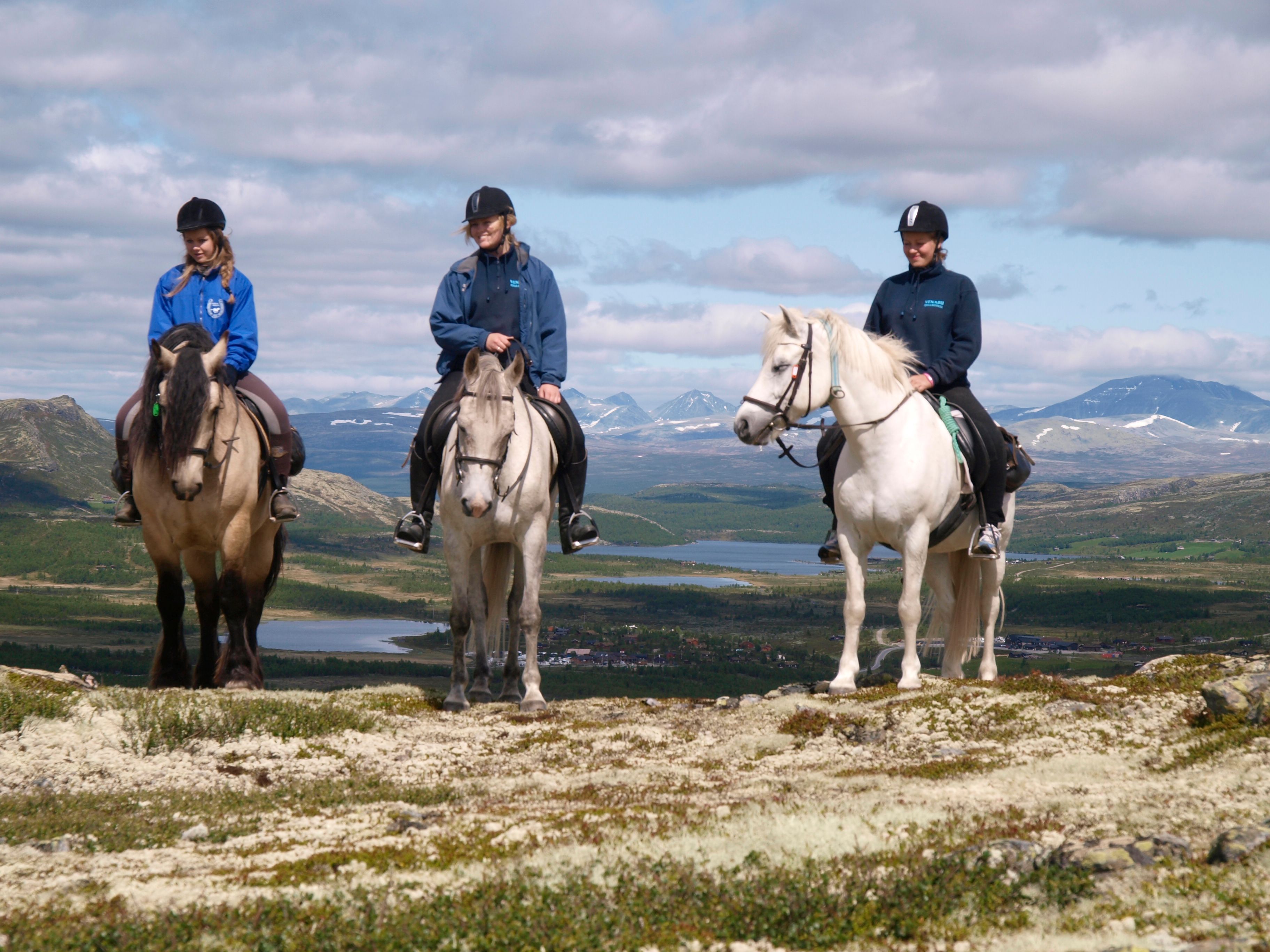 three riders and their horses facing the camera, in the mountains 