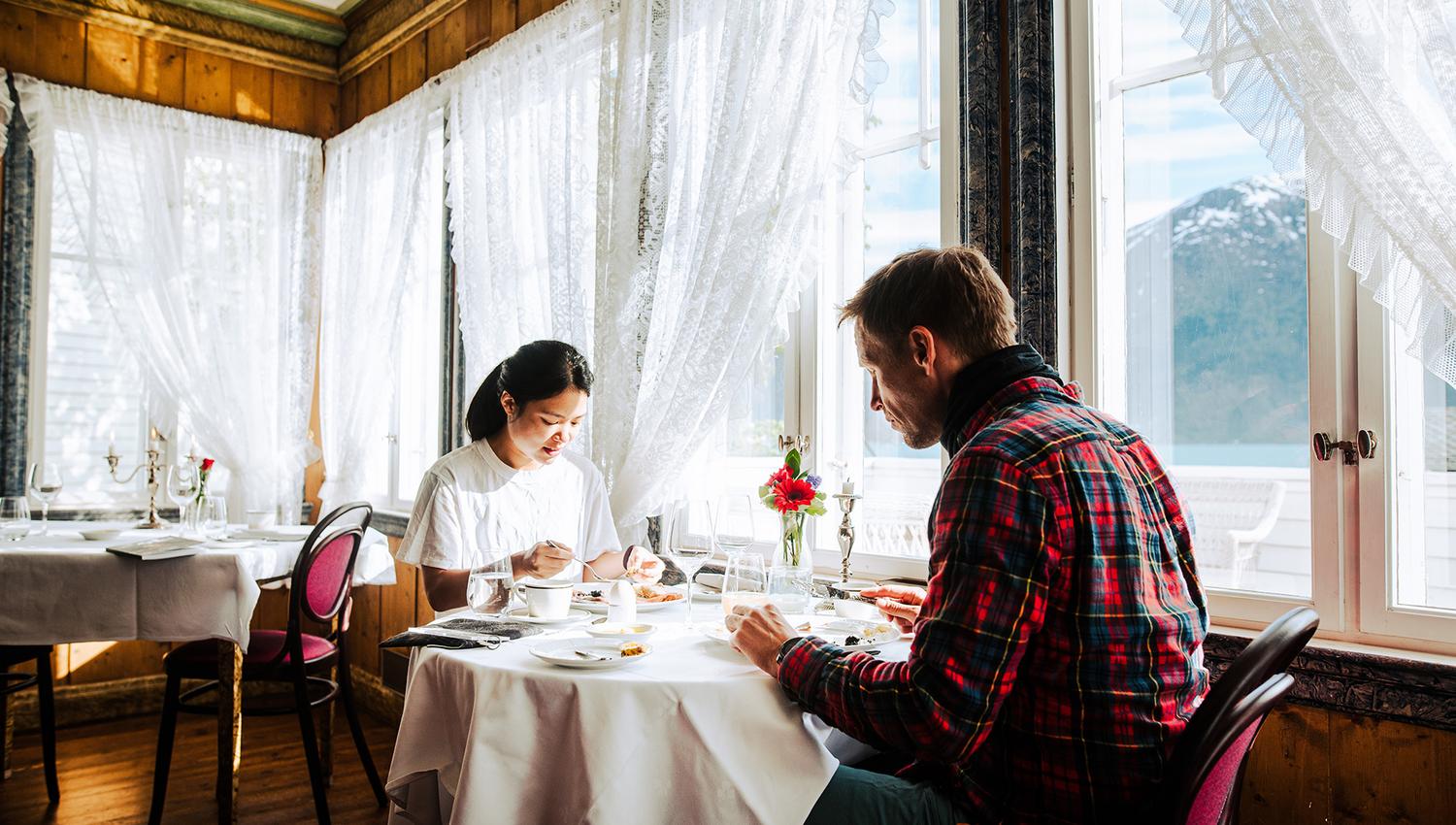 A delightful breakfast with a panoramic view of the Hardangerfjord at Utne Hotel.