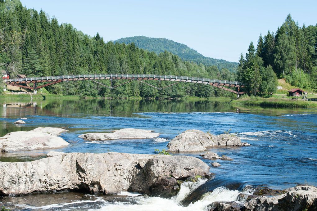 Grønn skog, fjell i bakgrunn, bru over elven, med fossen i forgrunn