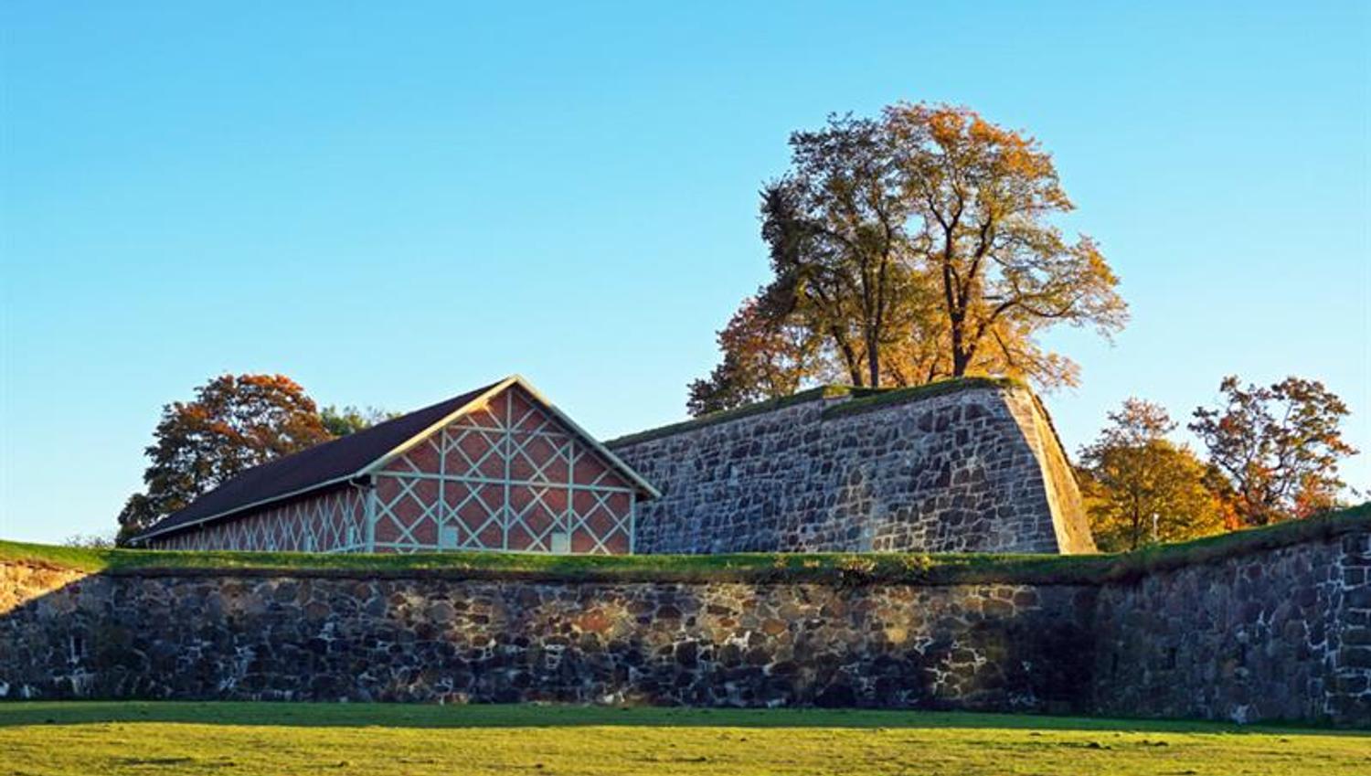 Gressplen, et hus og mur.