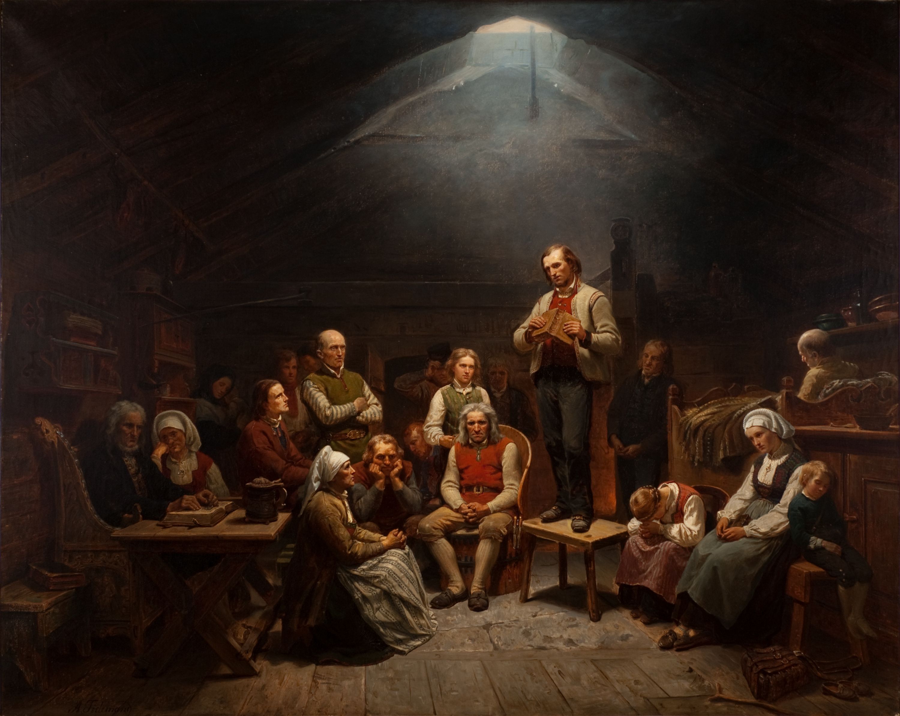 I maleriet Haugianerne på Mandal museum skildrer Adolph Tidemand lekpredikanten Hans Nielsen Hauges følgere. Foto: Kai-Wilhelm Nessler.