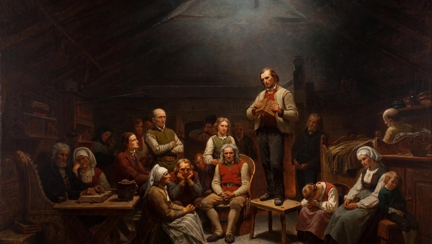 I maleriet Haugianerne på Mandal museum skildrer Adolph Tidemand lekpredikanten Hans Nielsen Hauges følgere. Foto: Kai-Wilhelm Nessler.