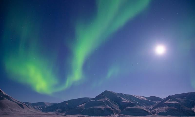 Nordlys over snødekte fjell