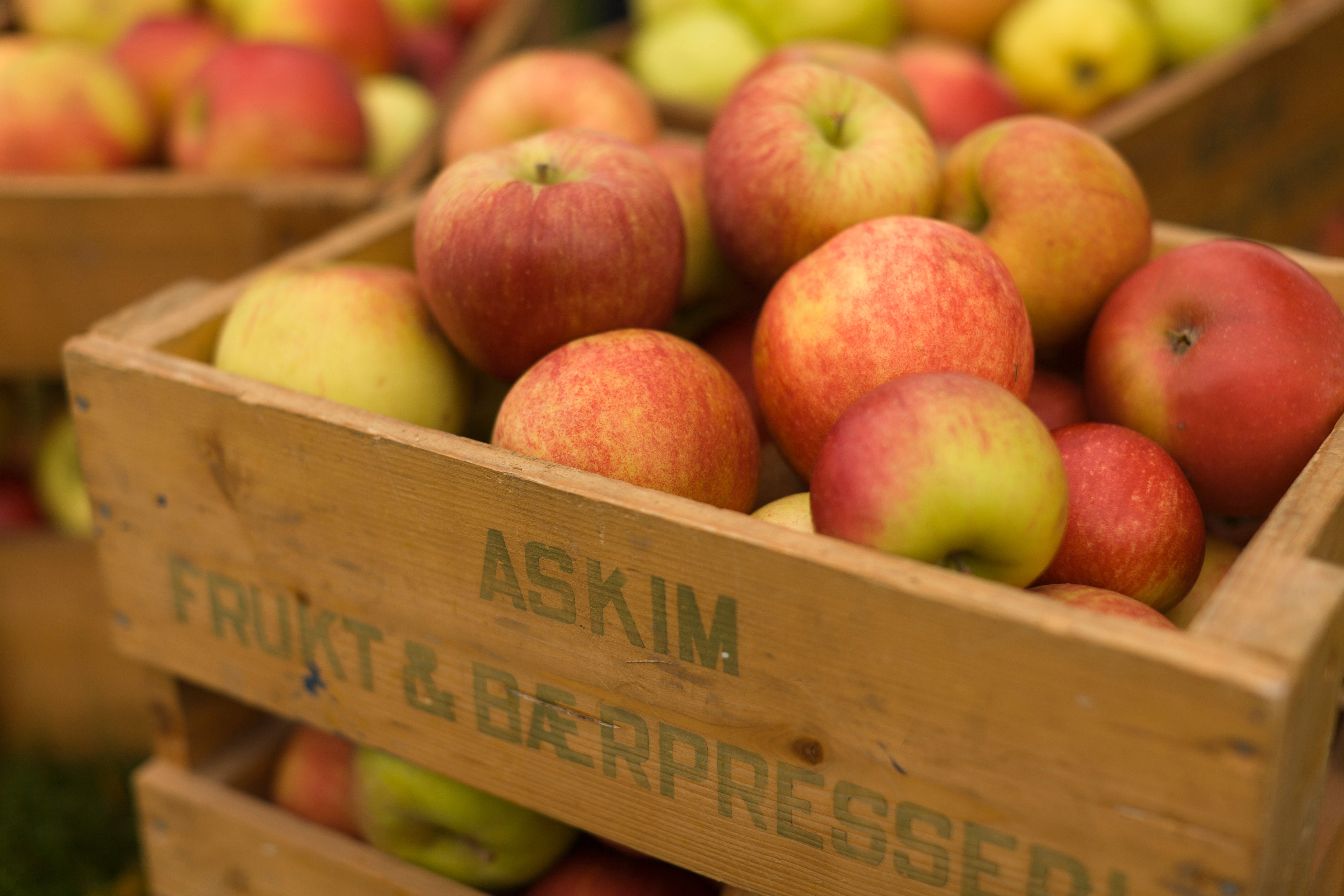 Trekasser fylt med røde og gule epler står stablet. På kassen står det «Askim Frukt- og Bærpresseri». Eplene ser ferske og saftige ut, og fargene gir en varm og høstlig følelse.