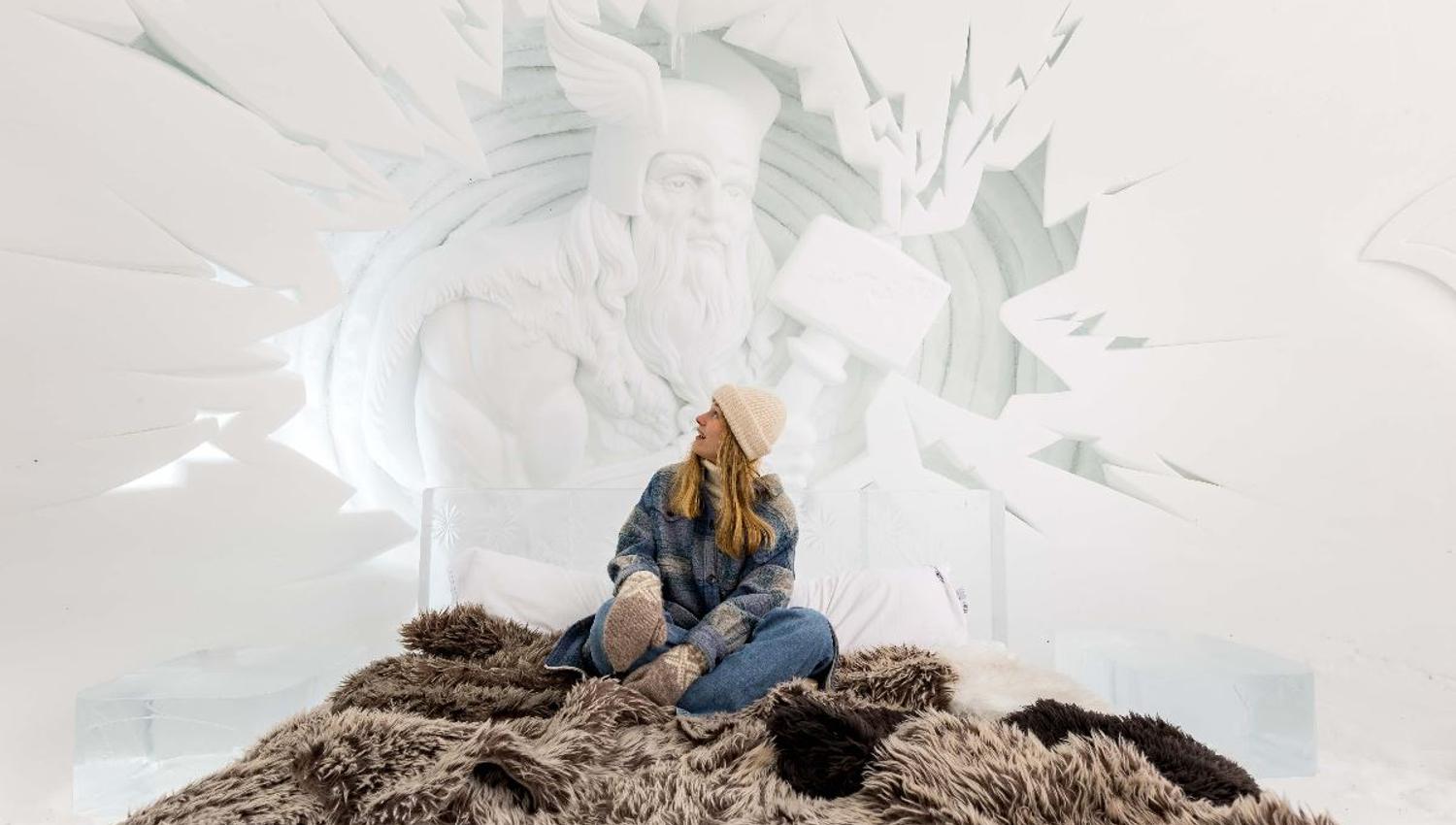 An artwork carved into the snow inside the Domes