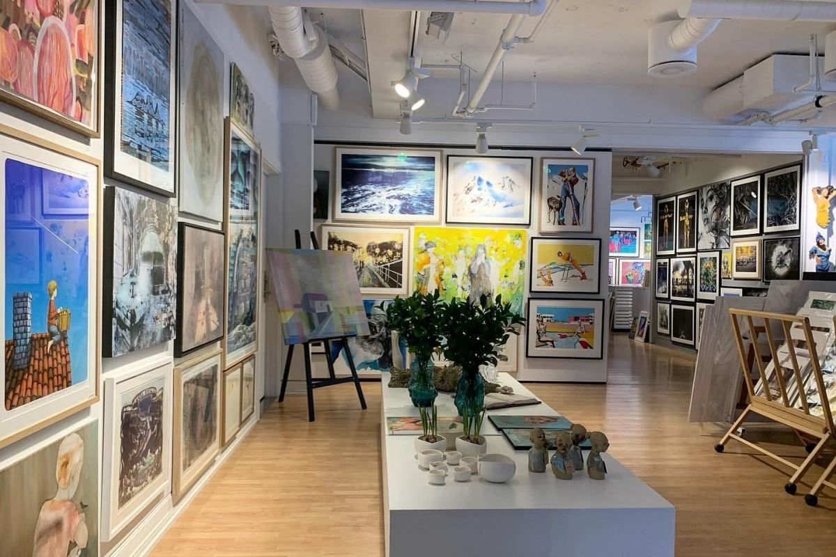 Interior overview photo, showing artwork and the premises