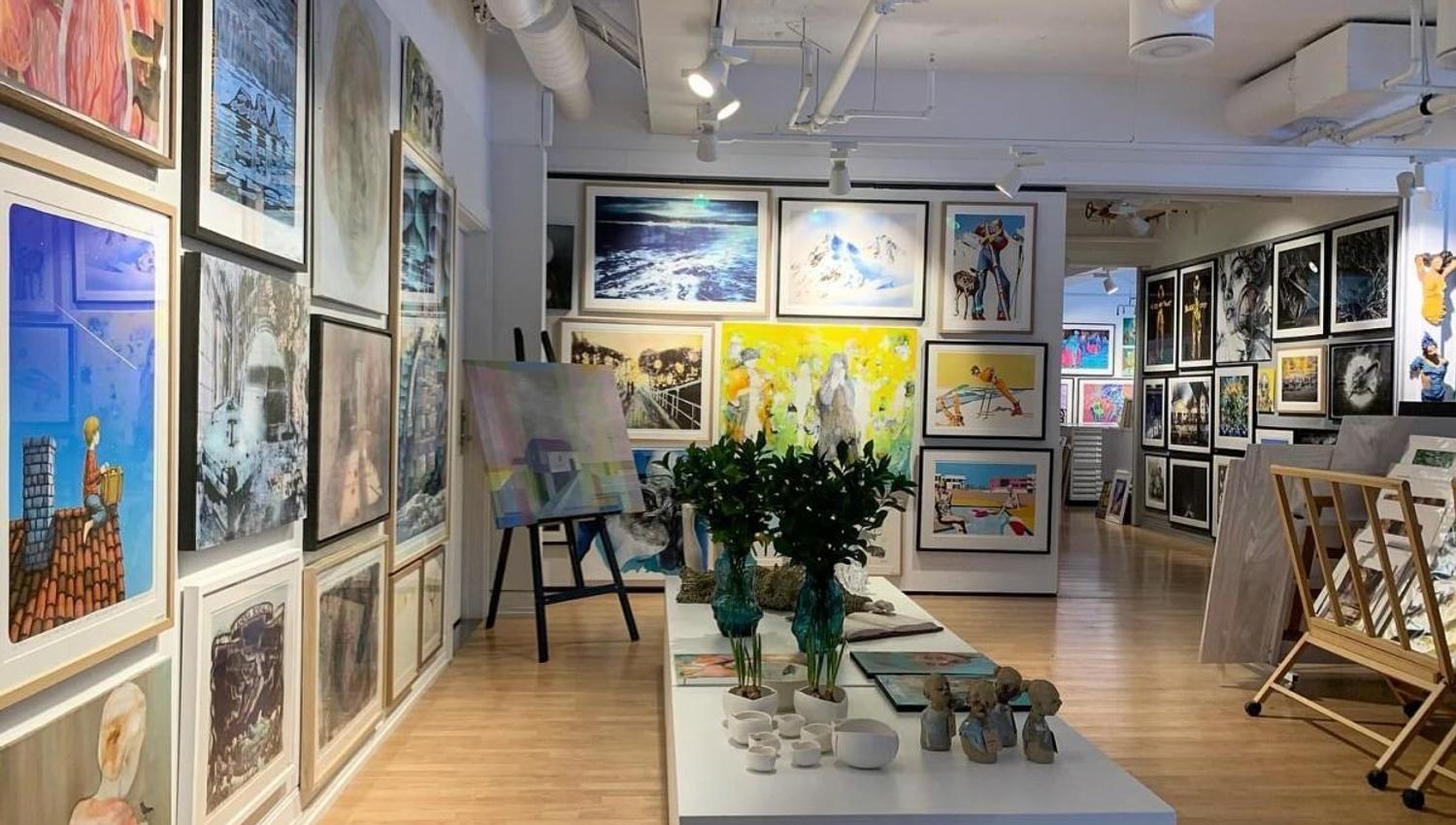 Interior overview photo, showing artwork and the premises