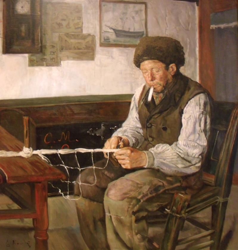 Tradisjonelt norsk måleri av ein gammal fiskar som reparerer garn, inspirert av norsk kystkultur.
