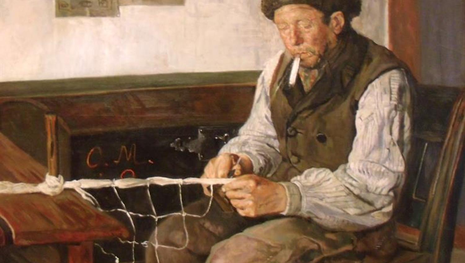 Tradisjonelt norsk måleri av ein gammal fiskar som reparerer garn, inspirert av norsk kystkultur.