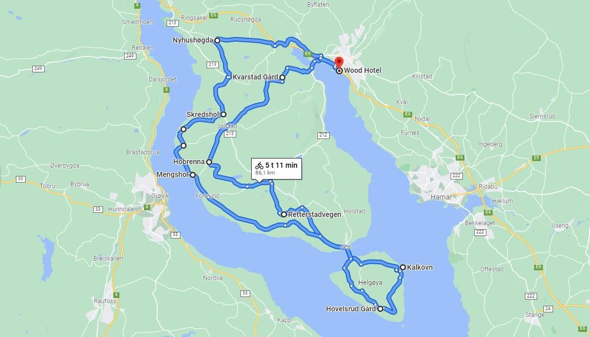 Oversikt over hele sykkelruta i Google Maps.