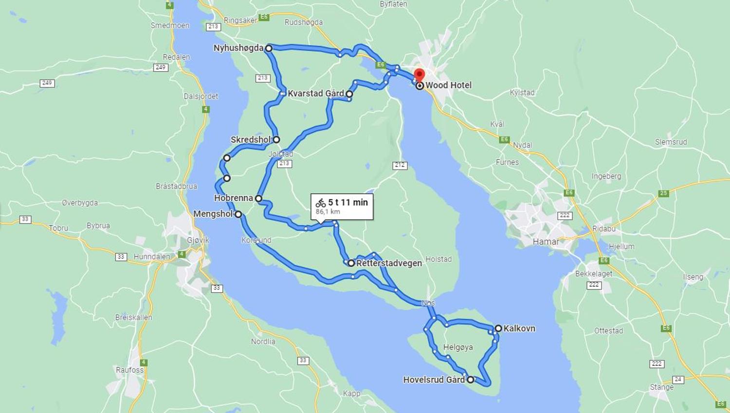 Oversikt over hele sykkelruta i Google Maps.