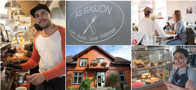 Bilde av Ås stasjon logo, huset, kafeen og folk som besøker kaffeen