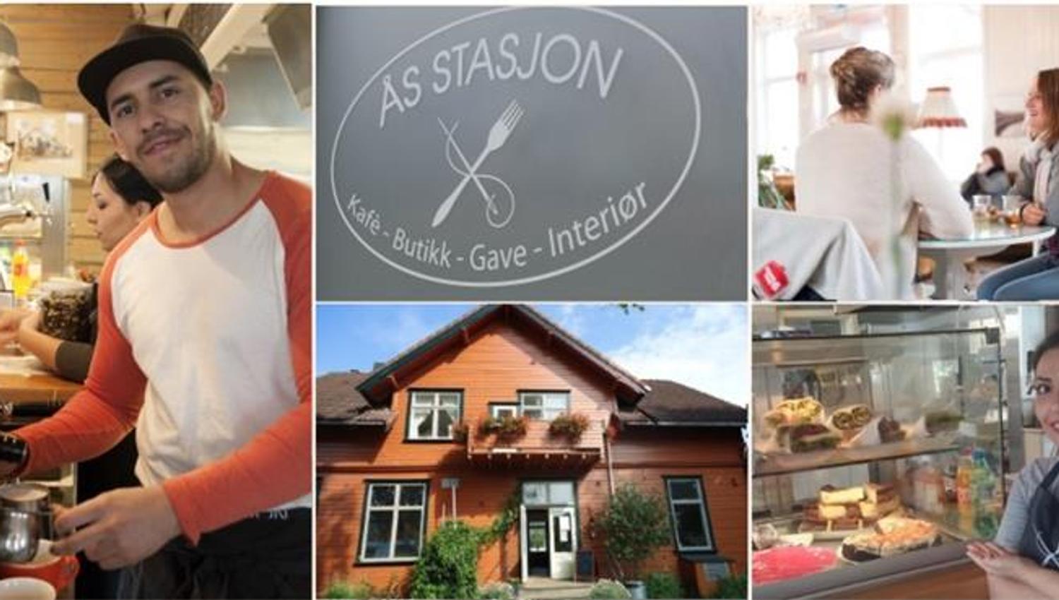Bilde av Ås stasjon logo, huset, kafeen og folk som besøker kaffeen