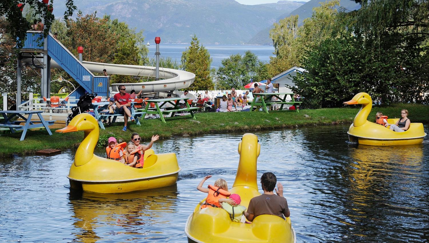 Family paddle boats shaped like ducks on the scenic duck pond at Mikkelparken