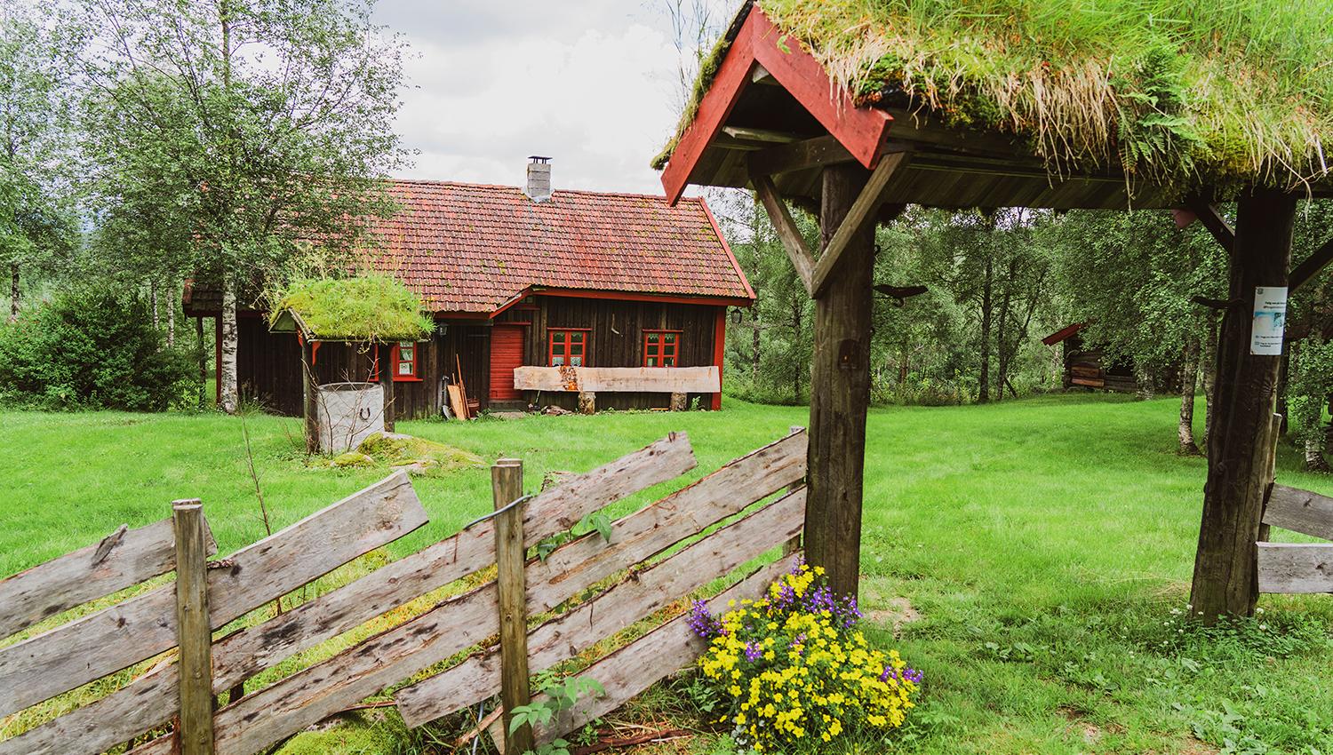 Hagebue i tre med torvtak på, stor gressflekk ed en brun hytte med røde detaljer på listene og døra.