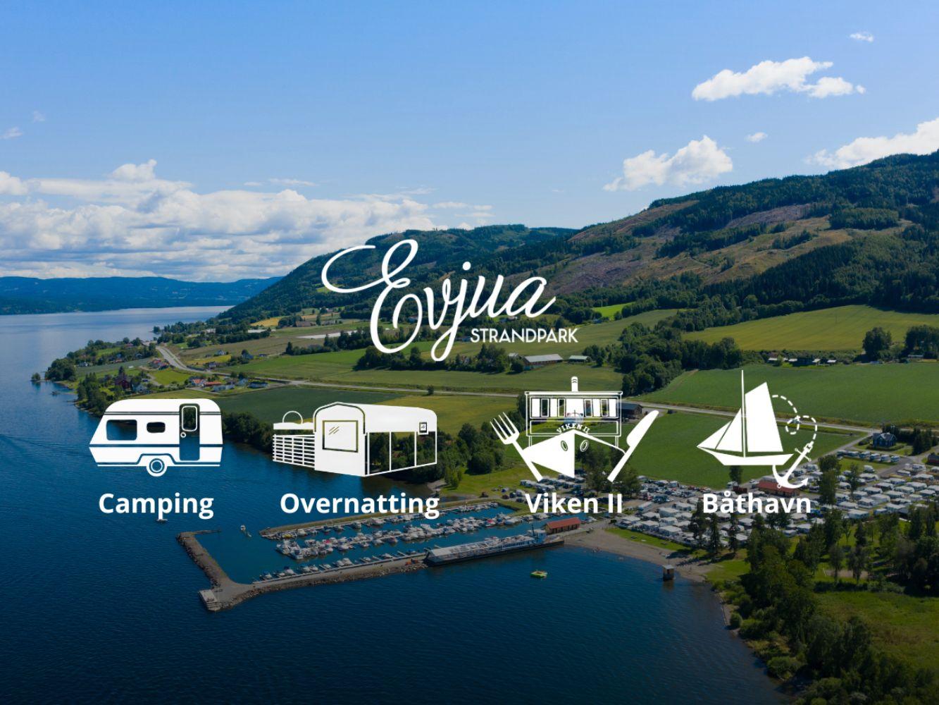 Evjua Strandpark, dronebilde med ikoner