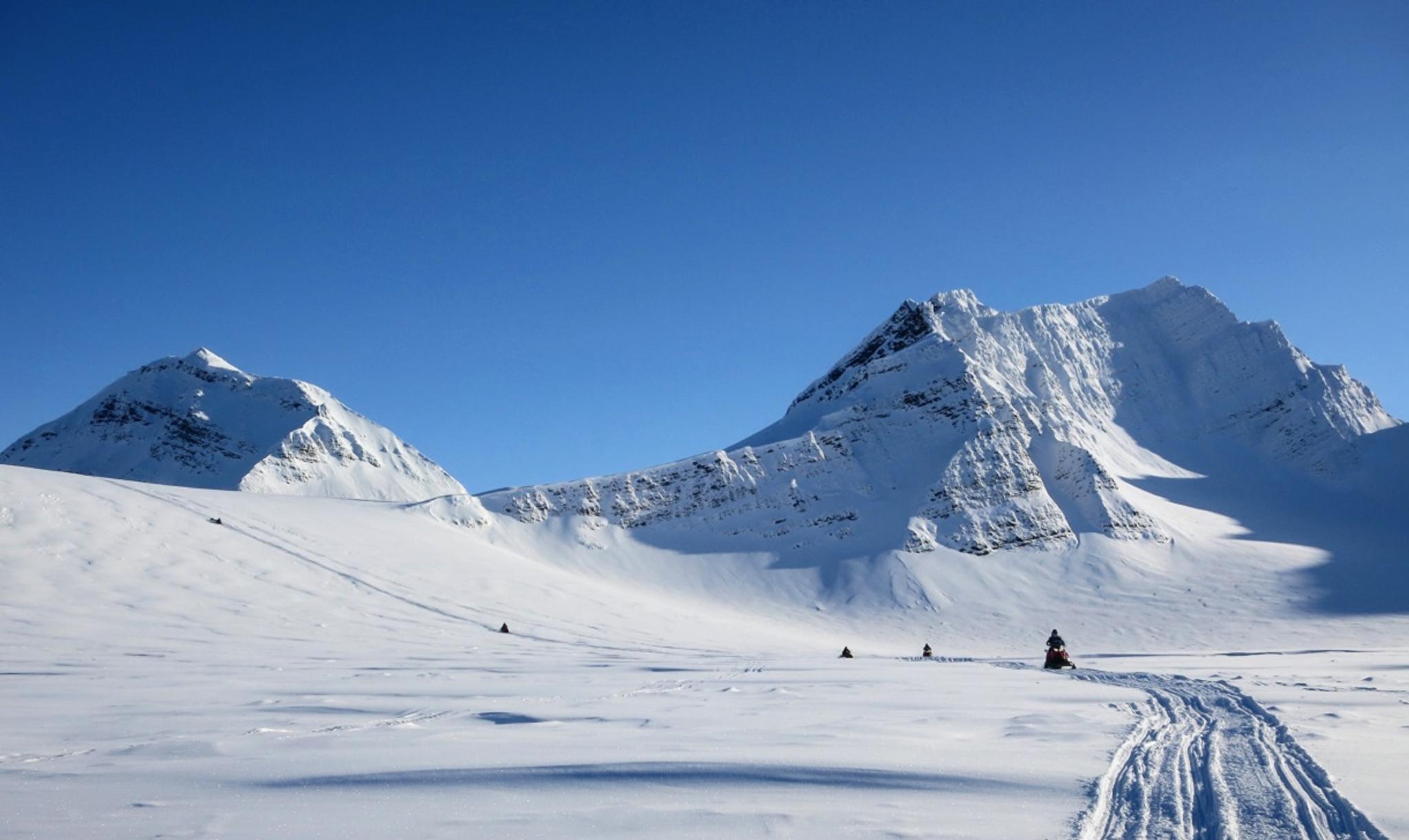 Tour-group driving snowmobiles