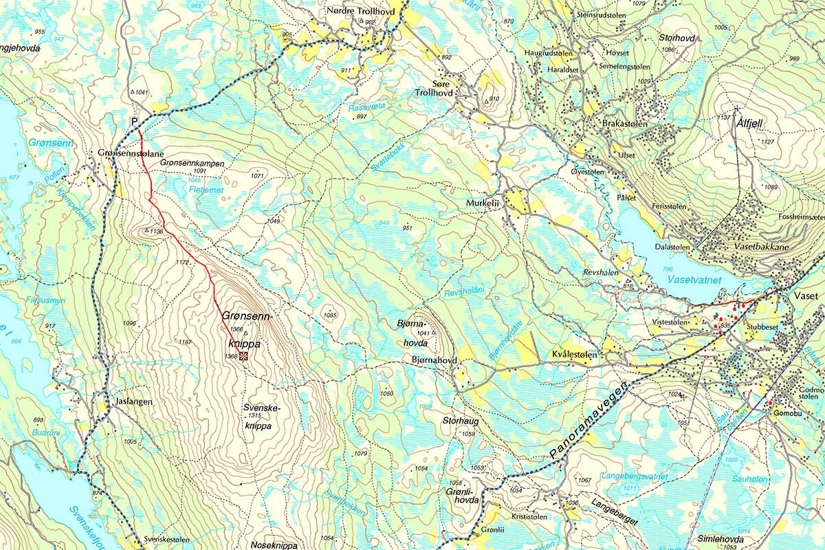 Map of the hiking trail to Grønsennknippa