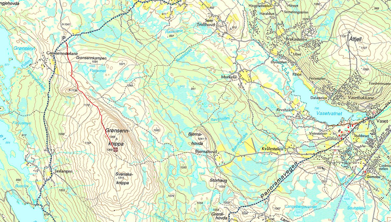 Map of the hiking trail to Grønsennknippa