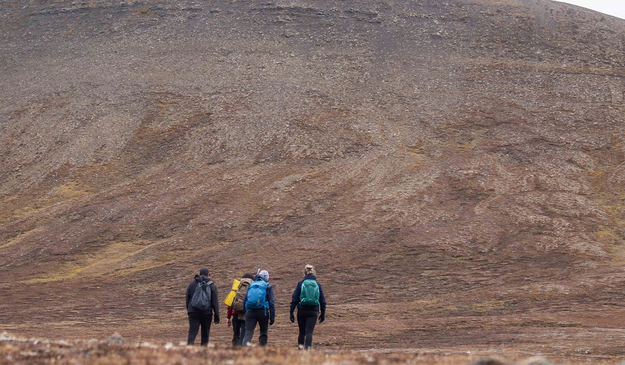 A group of guests and a guide hiking through a tundra landscape