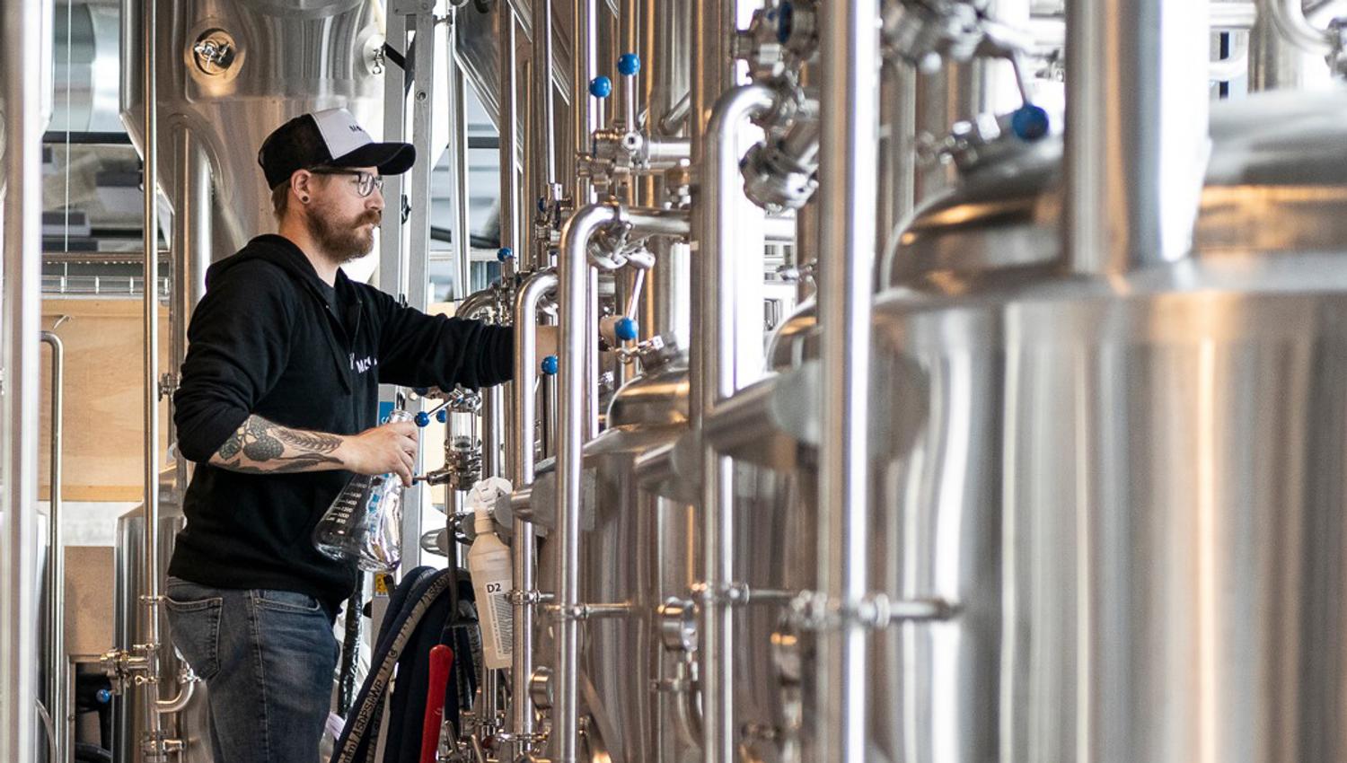 Bryggmesteren på Molo Brew tar prøver av brygget.