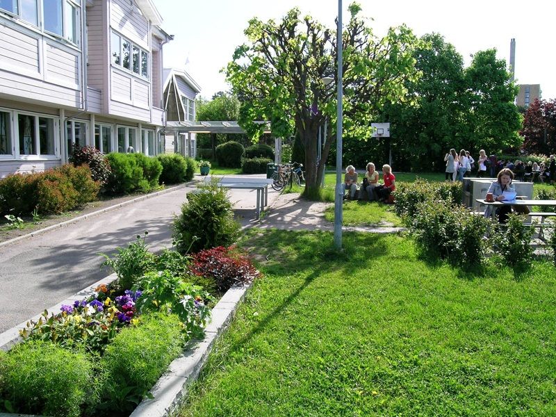 outdoor seating areas with green spaces