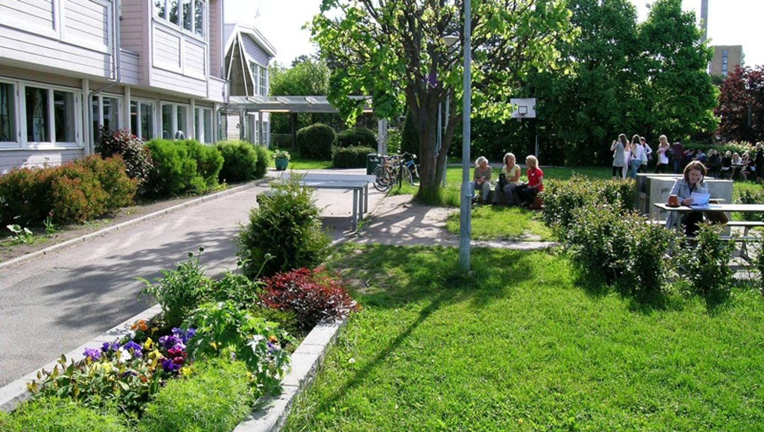 outdoor seating areas with green spaces