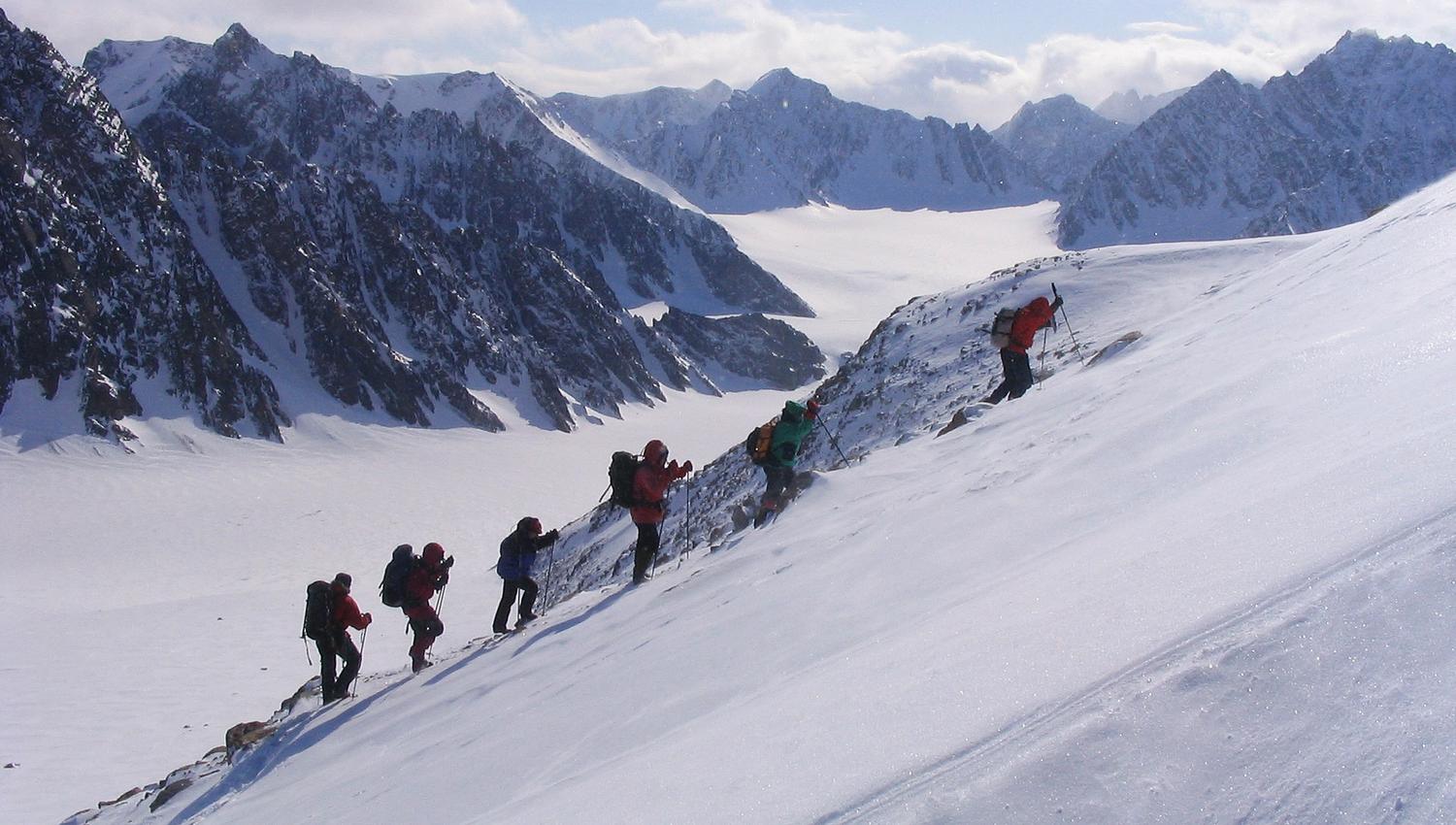 A tour group climbing a mountain