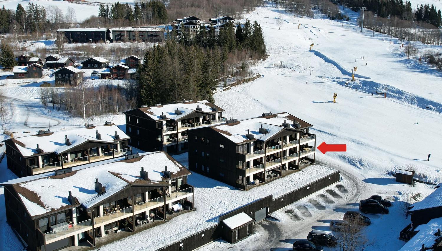 A group of buildings covered in snow.