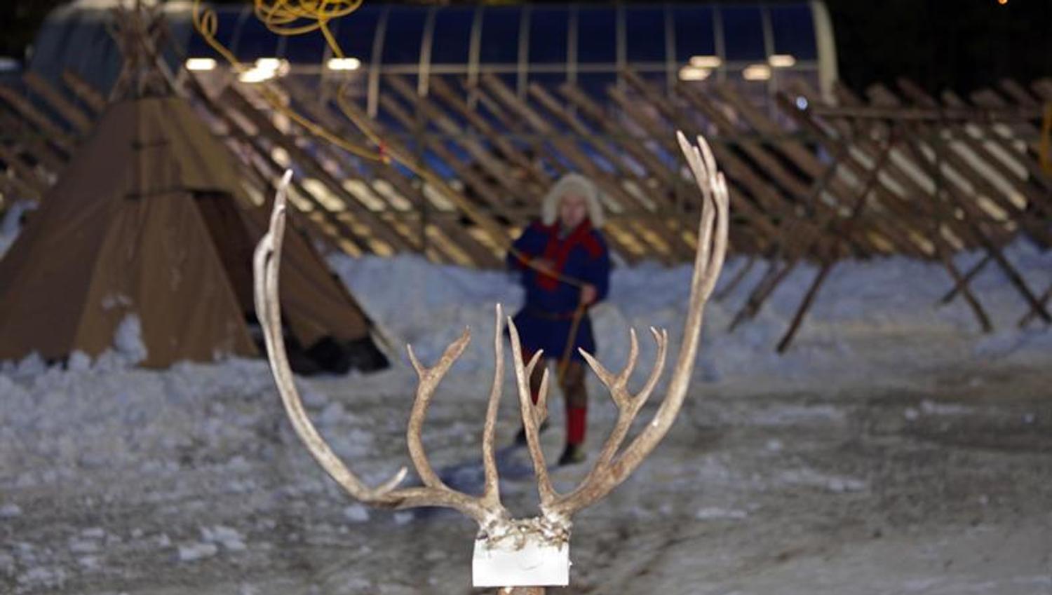 man throwing the lasso towards a reindeer antlers