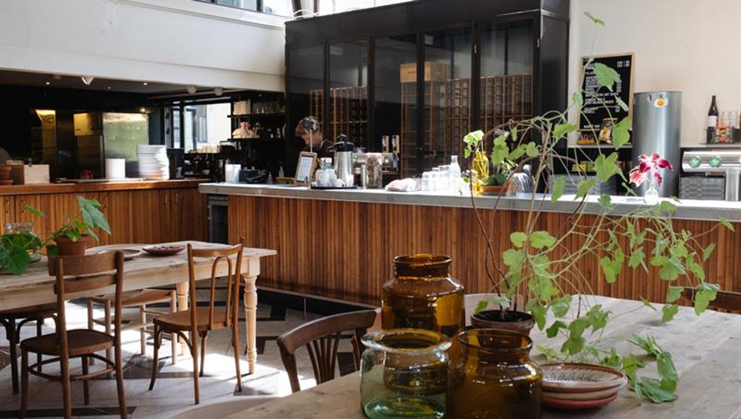 Two solid wood square dining tables with various glass jars and green plants on them, wooden chairs around the tables, a long bar counter, and a staff