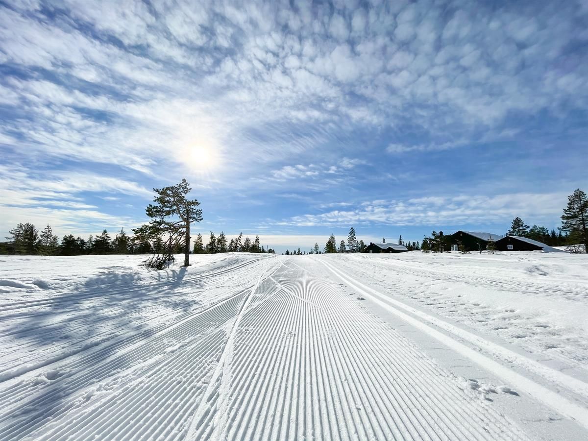 Nypreparerte skispor strekker seg gjennom et åpent vinterlandskap, med lav vintersol og et skyfylt himmelmønster over horisonten.