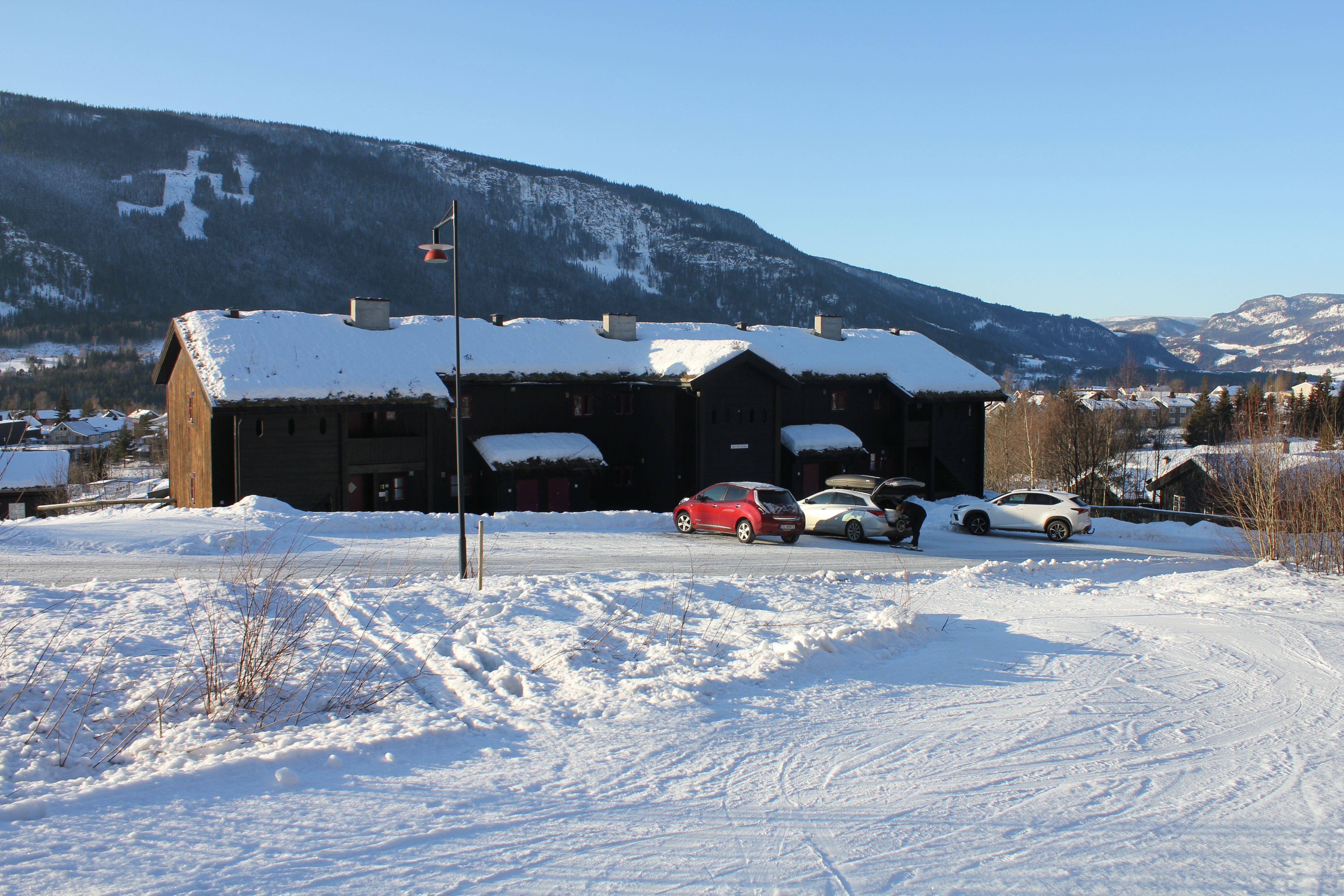 A building with cars parked in front of a snow-covered mountain.