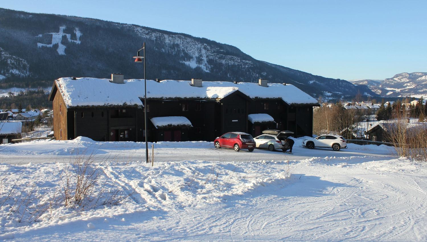 A building with cars parked in front of a snow-covered mountain.