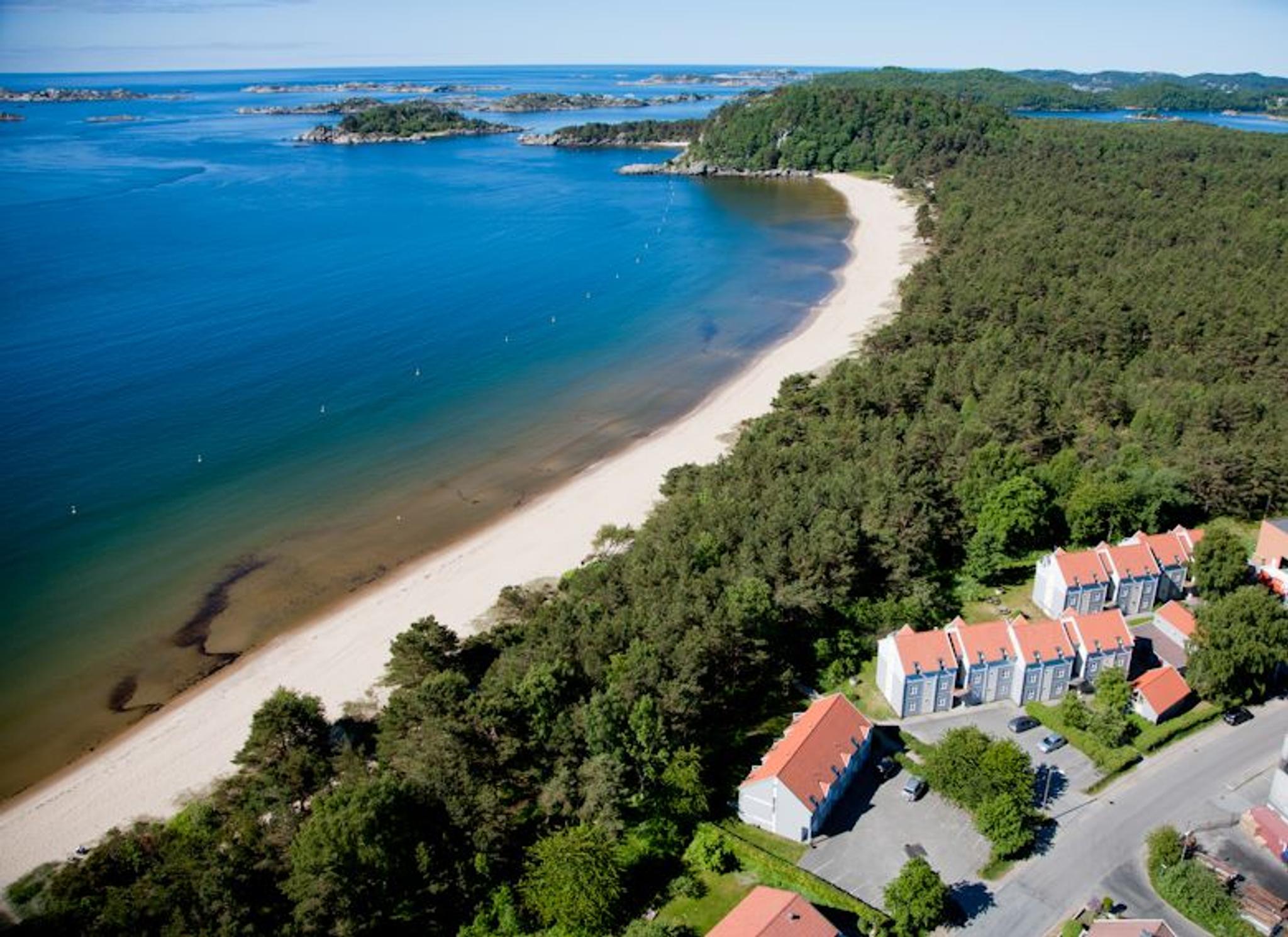 Ferietun, utsikt, strand langs vannet, og skog langs stranden
