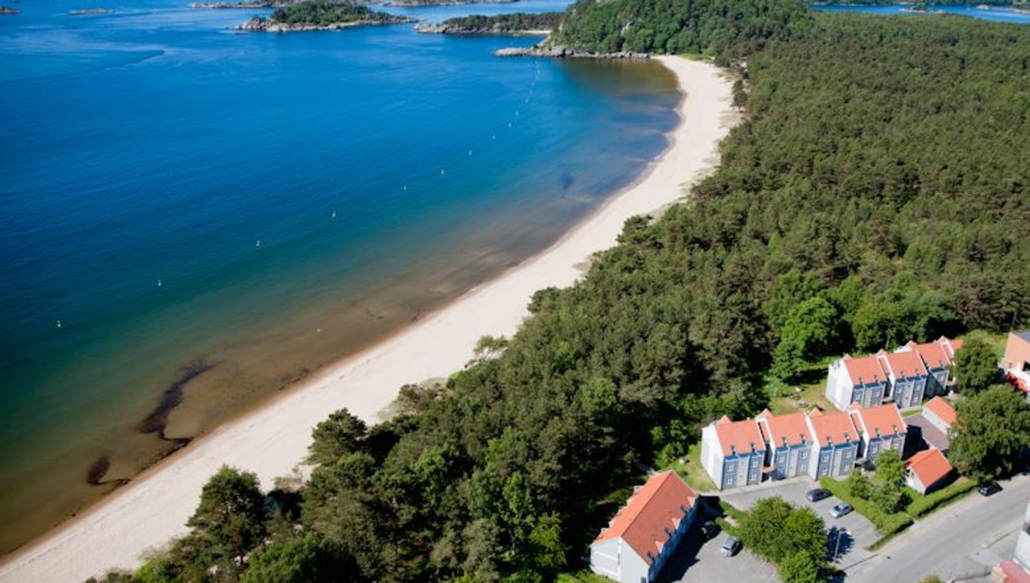 Ferietun, utsikt, strand langs vannet, og skog langs stranden