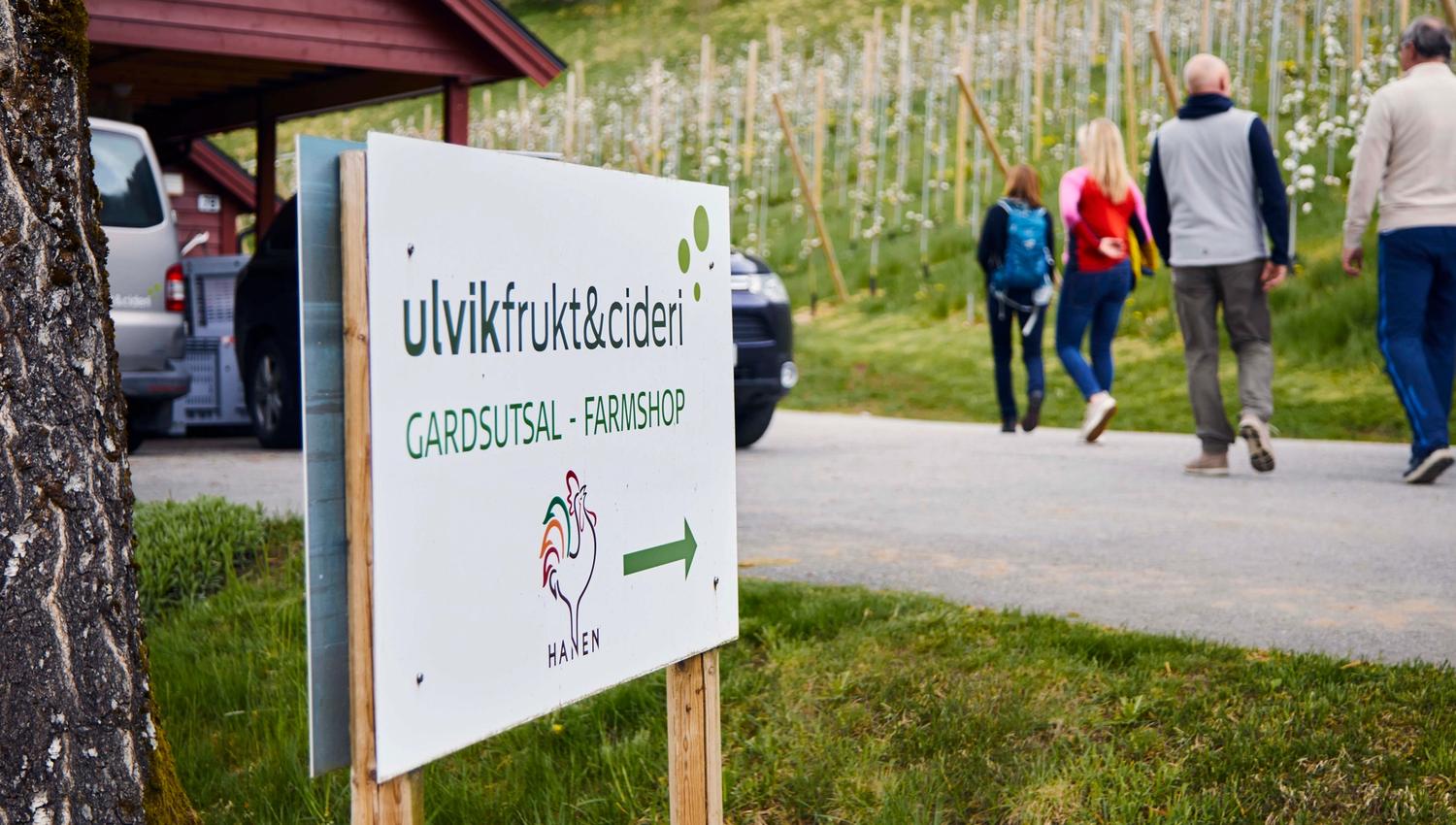 Sign pointing to the farm shop at Ulvik Frukt & Cideri, with tourists entering the orchard in the background.