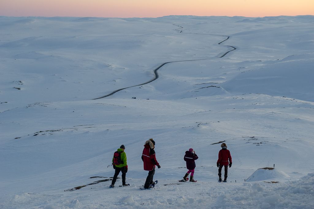 A small group of people wearing snowshoes in the snow, they're on their way down from Halnekollen mountain top.