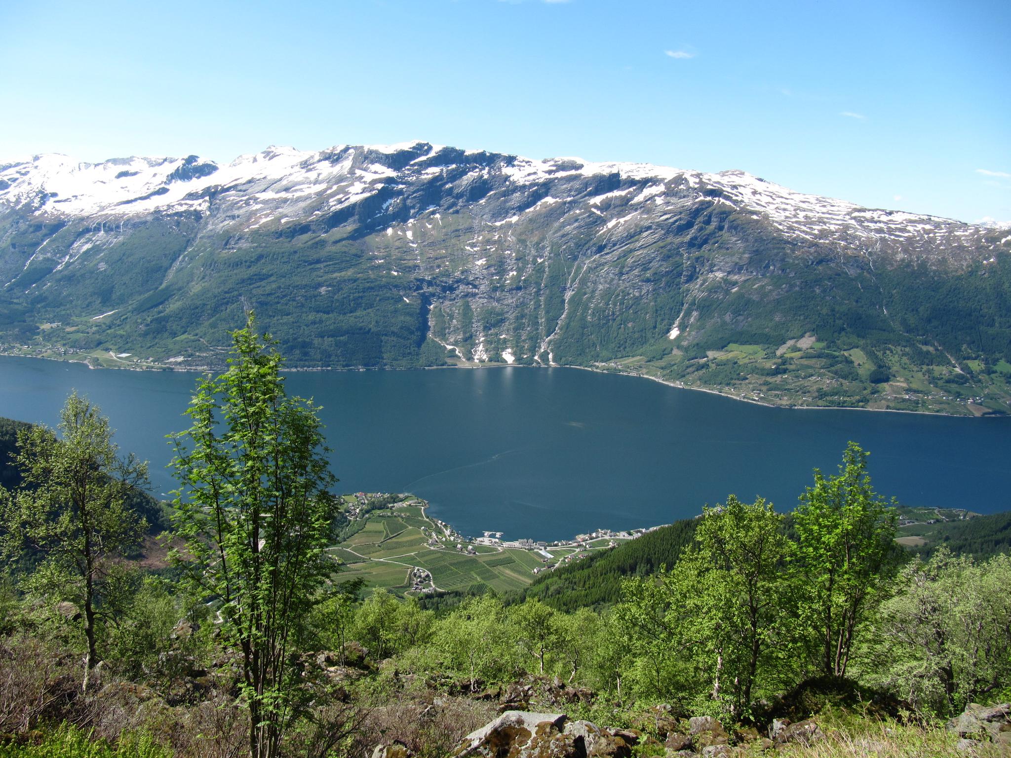 View from the Monk’s Steps at Lofthus overlooking the Hardangerfjord and snow-capped mountains across the water.