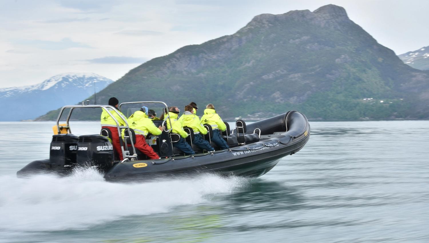 RIB-båt i høg fart gjennom Hardangerfjorden, med vakre fjell i bakgrunnen.