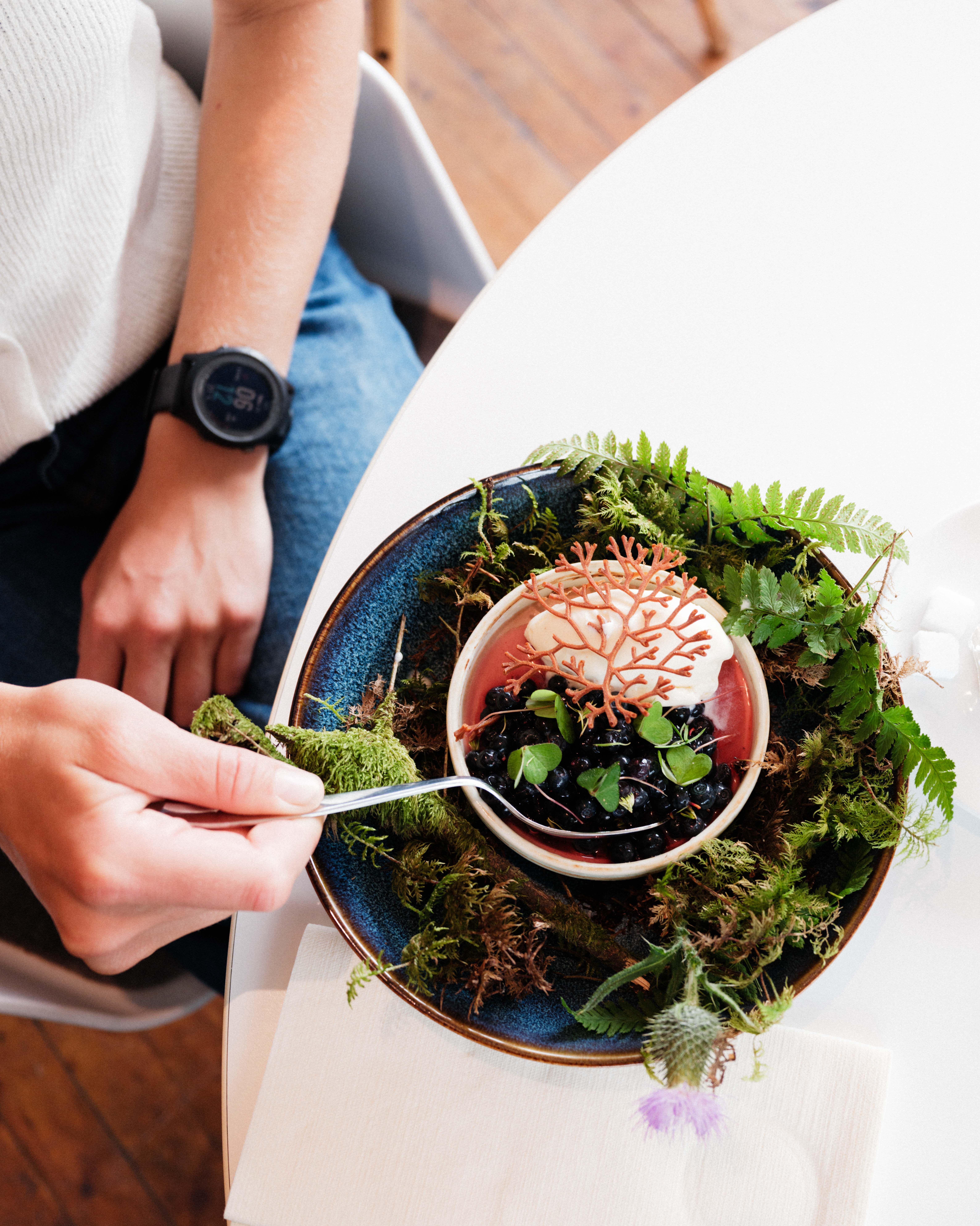 Kreativ dessert med blåbær, krem og skogsinspirert dekor – servert på Gløyp Spiseri.